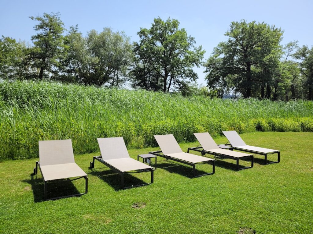 a group of chairs and tables in a grassy field